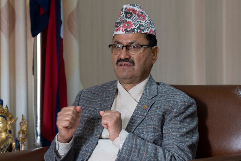 Nepalese Foreign Minister Narayan Prakash Saud speaks to The Associated Press during an interview in his office in Kathmandu, Nepal, Thursday, January 25, 2024. Nepal has asked Russia to return hundreds of Nepali citizens who were recruited to fight against Ukraine. The Nepalese foreign minister announced Thursday that the bodies of those killed were being returned. In conflict.  (AP Photo/Niranjan Shrestha)