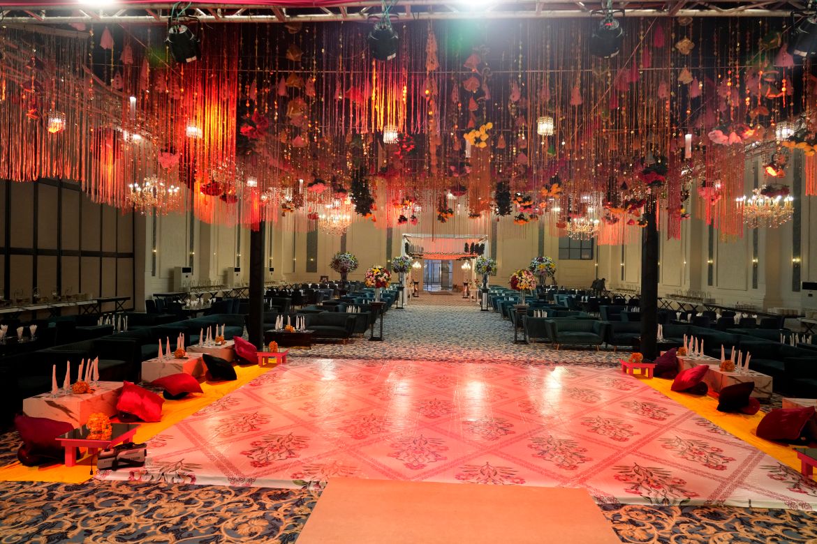 A decorated hall of the Manor marquee is ready for a wedding ceremony at a wedding halls compound, in Islamabad, Pakistan