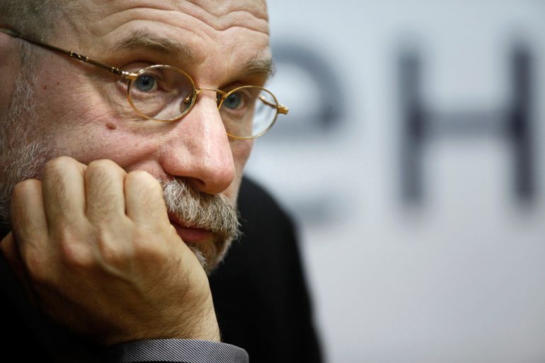 Writer Grigory Chkhartishvili, also known as Boris Akunin, is seen during a presentation of the book " Mikhail Khodorkovsky. Articles. Dialogues. Interviews." in Moscow