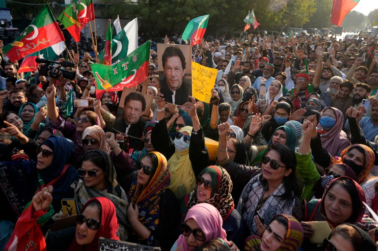 Supporters of imprisoned Pakistan's former Prime Minister Imran Khan's party chant slogans during a protest against the delaying result of parliamentary election by Pakistan Election Commission, in Karachi, Pakistan, Sunday, Feb. 11, 2024. (AP Photo/Fareed Khan)