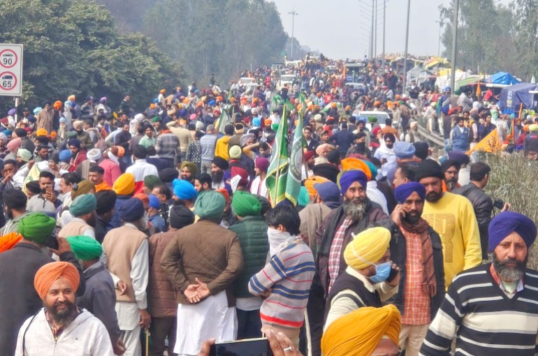 Farmers marching to New Delhi gather near the Punjab-Haryana border at Shambhu, India