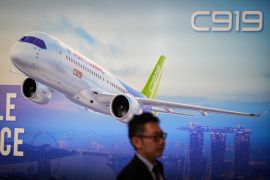China&rsquo;s C919 jetliner is envisaged as a rival to Airbus&#039;s A320 and Boeing&#039;s 737 MAX [File: Vincent Thian/AP]