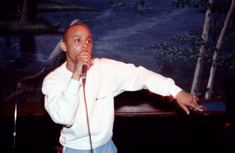 American rapper Lakim Shabazz (born Larry Walsh) performs onstage at Wetlands, New York, New York, April 19, 1990. (Photo by Rita Barros/Getty Images)