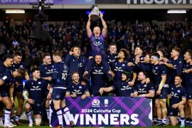 Scotland players celebrate the Calcutta Cup win over England in the Guinness Six Nations 2024 at BT Murrayfield Stadium on February 24, 2024, in Edinburgh, Scotland [Stu Forster/Getty Images]