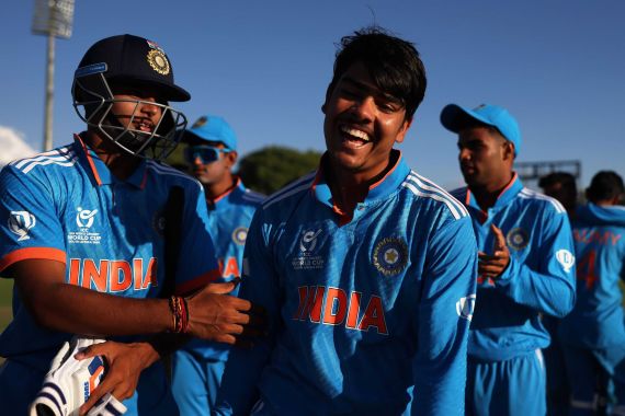 Uday Saharan of India celebrates following the ICC U19 Men's Cricket World Cup South Africa 2024 Semi-Final match between India and South Africa at Willowmoore Park on February 06, 2024 in Benoni, South Africa