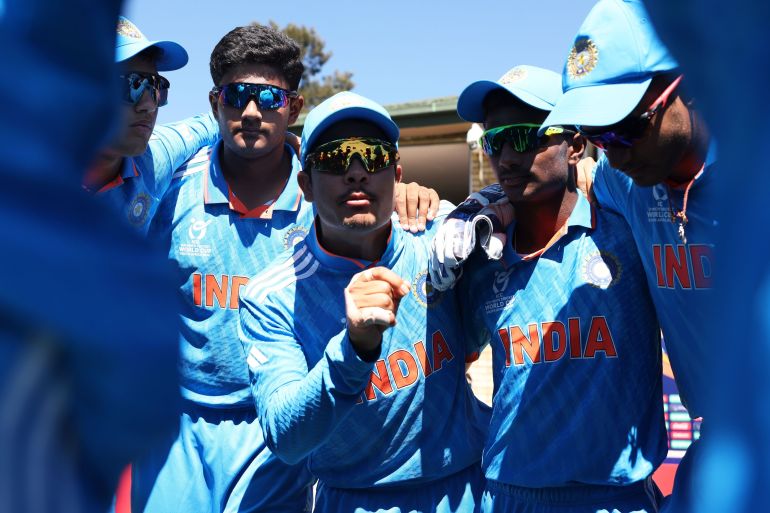 Uday Saharan of India speaks to his side in the huddle ahead of the ICC U19 Men's Cricket World Cup