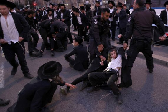 Ultra-Orthodox protesters demonstrate in West Jerusalem.