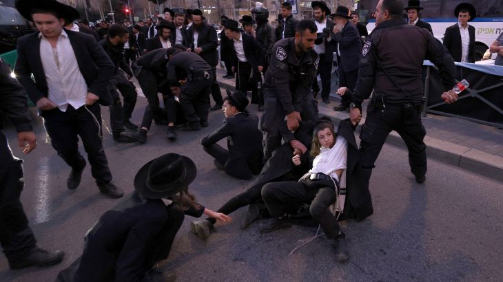 Ultra-Orthodox protesters demonstrate in West Jerusalem.