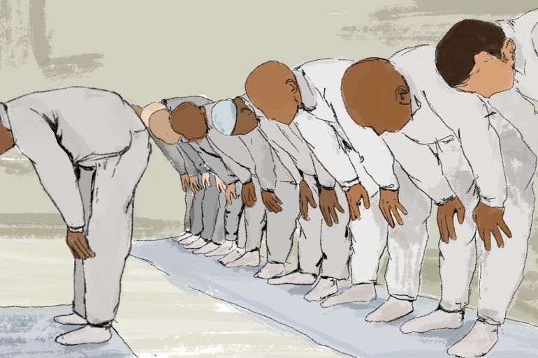 An illustration of people who are Muslim prisoners praying with one person leading the prayer in the front and 8 people standing in a row behind him.