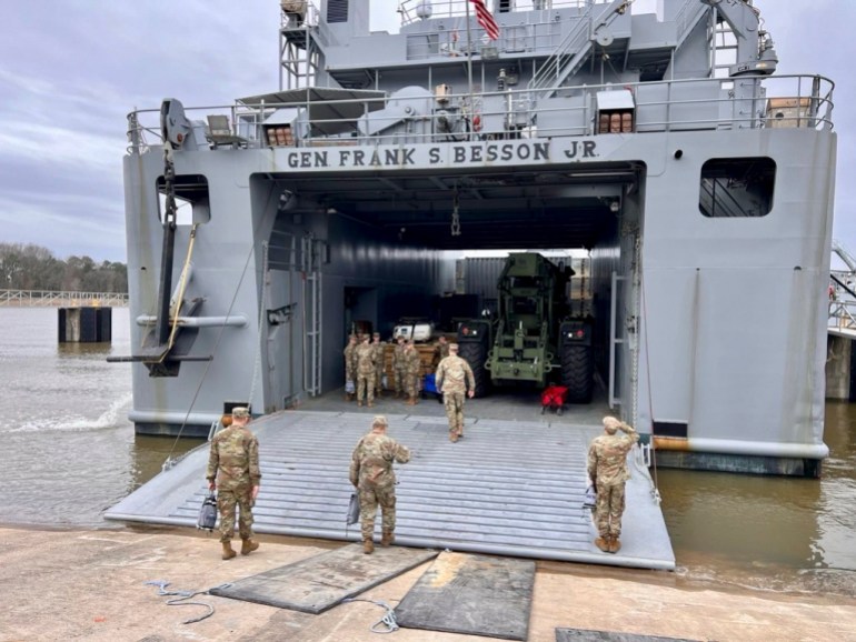A handout photo made available by the US Central Command of the U.S. Army Vessel (USAV) General Frank S. Besson (LSV-1) from the 7th Transportation Brigade (Expeditionary), 3rd Expeditionary Sustainment Command, XVIII Airborne Corps, departing on route to the Mediterranean Sea to begin the construction of a temporary pier in Gaza from Joint Base Langley-Eustis, in Newport News, Virginia