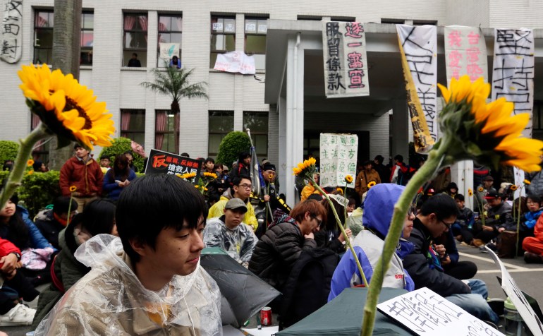 A group of student protesters outside Taiwan's legislature in 2014. They are holding sunflowers.