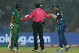 Bangladesh&#039;s Najmul Hossain Shanto and Sri Lanka&#039;s Sadeera Samarawickrama in a heated exchange during their ICC Cricket World Cup 2023 match in India on November 6 [File: Anushree Fadnavis/Reuters]