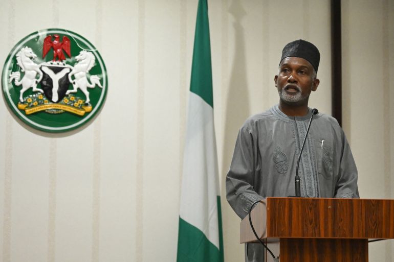 Nigerian Foreign Minister Yusuf Tuggar speaks during a press conference with U.S. Secretary of State Antony Blinken at the Presidential Villa in Abuja, Nigeria, January 23, 2024. Andrew Caballero-Reynolds/Pool via REUTERS