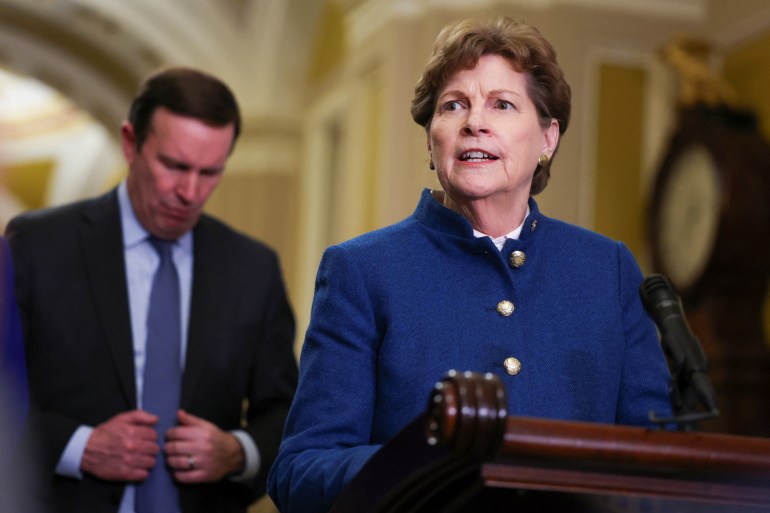 Jeanne Shaheen speaks at a podium for a press conference in the US Capitol