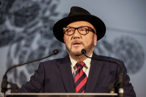 Candidate George Galloway, leader of the Workers Party of Britain, speaks after winning the Rochdale Parliamentary by-election, at a polling station near Mancheste