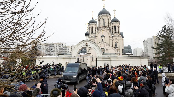 A hearse, which reportedly transports a coffin with the body of Russian opposition politician Alexei Navalny, is parked outside the Soothe My Sorrows church before a funeral service and farewell ceremony in Moscow, Russia, March 1, 2024