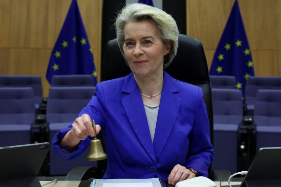 European Commission President Ursula von der Leyen rings a bell to mark the start of the College of European Commissioners' meeting in Brussels, Belgium March 5, 2024.