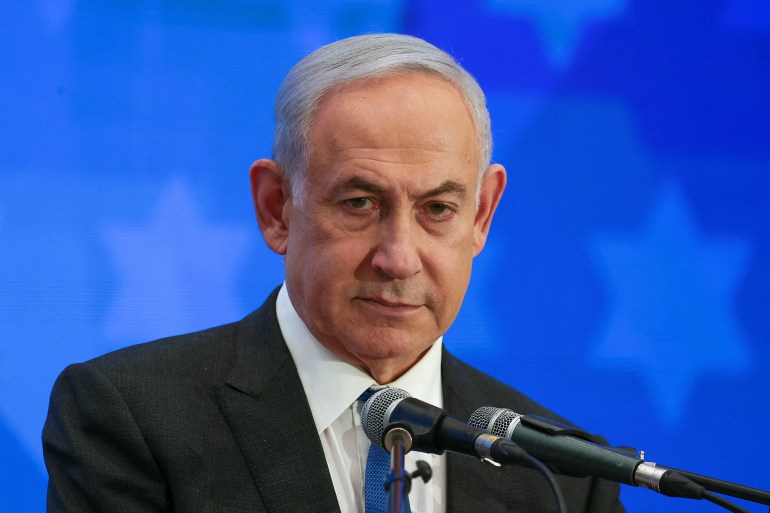 FILE PHOTO: Israeli Prime Minister Benjamin Netanyahu addresses the Conference of Presidents of Major American Jewish Organizations, amid the ongoing conflict between Israel and the Palestinian Islamist group Hamas, in Jerusalem, February 18