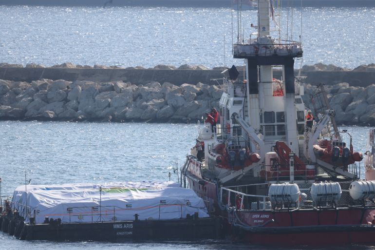 The Open Arms, a rescue vessel owned by a Spanish NGO, departs with humanitarian aid for Gaza from the port of Larnaca, Cyprus