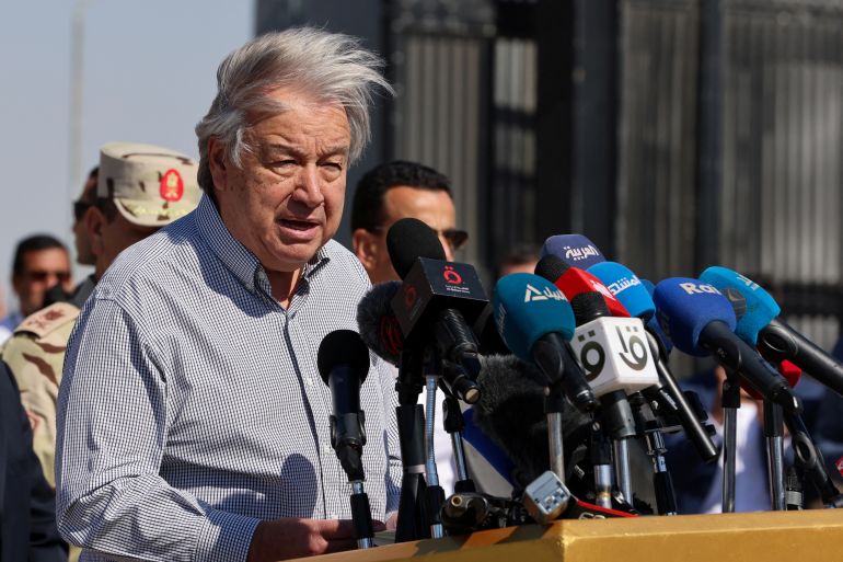 United Nations Secretary-General Antonio Guterres speaks as he visits the Rafah border crossing between Egypt and the Gaza Strip, amid the ongoing conflict between Israel and Palestinian Islamist group Hamas, in Rafah, Egypt, March 23