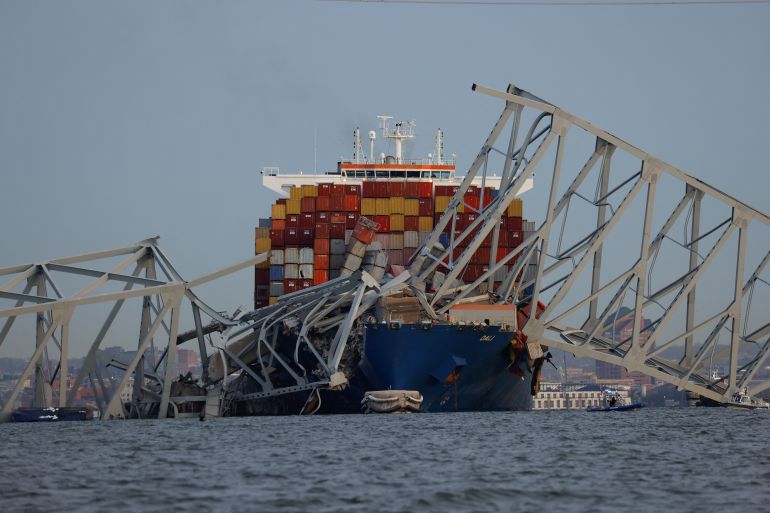 A view of the Dali cargo vessel which crashed into the Francis Scott Key Bridge