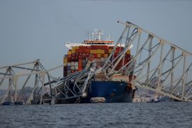The Dali cargo vessel crashed into the Francis Scott Key Bridge in Baltimore, Maryland, causing it to collapse. [Julia Nikhinson/Reuters]