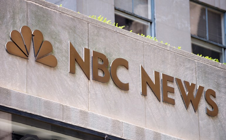 A view of a sign for NBC News at Rockefeller Center in New York