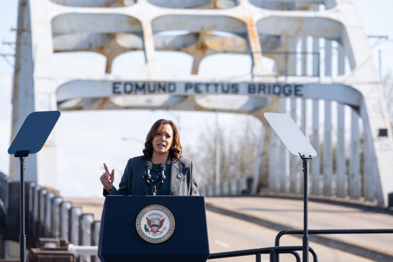 US Vice President Kamala Harris speaks at the Edmund Pettus Bridge during an event to commemorate the 59th anniversary of "Bloody Sunday" in Selma, Alabama, on March 3, 2024.