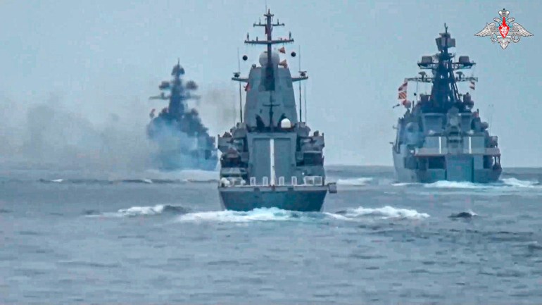 Warships of the Russian Black Sea fleet sail while taking part in naval drills in the Black Sea