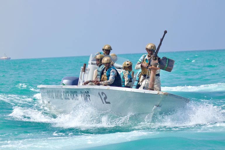 Somalia maritime police from PMPF patrol in the Gulf of Aden off the coast of semi-autonomous Puntland State in Somalia