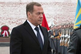 Dmitry Medvedev rules out talks with Ukraine&#039;s current government and says its neighbour is part of Russia [File: Ekaterina Shtukina/Sputnik/Kremlin Pool via AP]