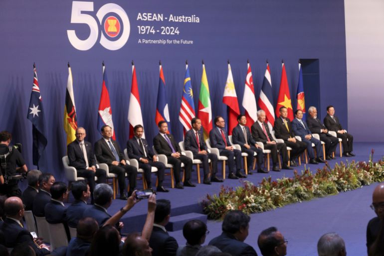 Members of ASEAN pose for a photo during the Association of Southeast Asian Nations, ASEAN-Australia Special Summit in Melbourne, Australia, Tuesday, March 5, 2024. From left, the Prime Minister of Australia Anthony Albanese, the Prime Minister of Lao, Sonexay Siphandone, the Sultan of Brunei, Haji Hassanal Bolkiah, the Prime Minister of Cambodia, Samdech Hun Manet, the Indonesian President Joko Widodo, the Prime Minister of Malaysia, Anwar Ibrahim, the President of the Philippines, Ferdinand Marcos Jr., the Prime Minister of Singapore, Lee Hsien Loong, the Prime Minister of Thailand, Srettha Thavisin, the Prime Minister of Vietnam, Pham Minh Chinh, the Prime Minister of Timor-Leste, Xanana Gusmao, and the Secretary General of ASEAN Dr Kao Kim Hourn. (AP Photo/Hamish Blair)