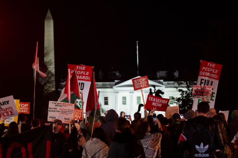 Protesters rally near the White House demanding a permanent ceasefire and end to U.S. funding to Israel on Wednesday, March 7, 2024 in Washington. (AP Photo/Kevin Wolf)