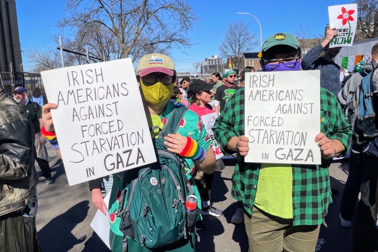 A pro-Palestine group marches in the "St Pats for All" Parade in Queens, New York, on March 3rd. The parade, an inclusive alternative to the official city parade, is supported by the Irish Department of Foreign Affairs [Delaney Nolan/Al Jazeera]