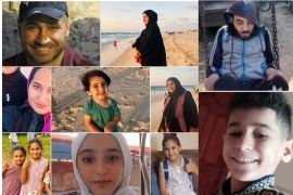 A collage of photos of Khaled, his wife Majdoleen, his brother, Mohammed, daughter Sarah, son Anas, mother Fathiya, daughters Aya, Rafeef and Malak, and son Osama - all killed by an Israeli attack on January 31, 2024 in Khan Younis, Gaza Strip [Courtesy of Ghada Ageel]