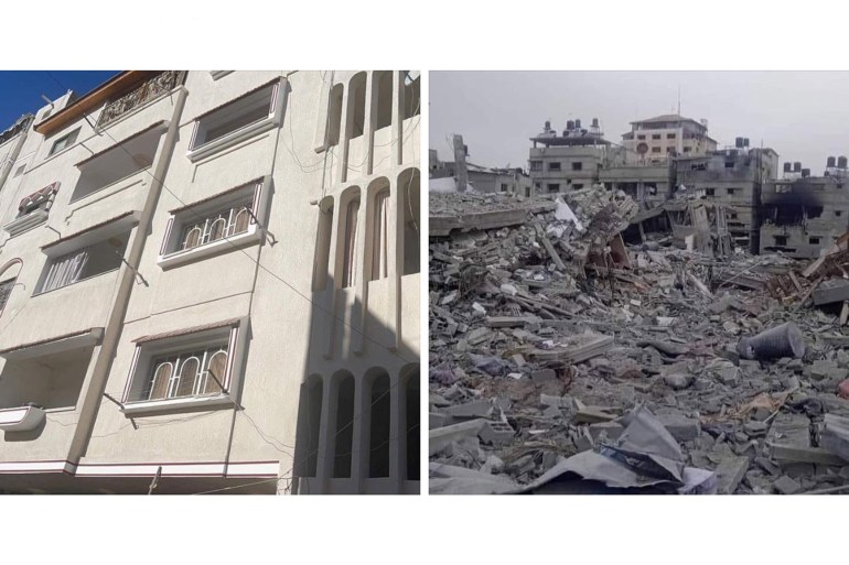 two photos of the same building before and after an Israeli airstrike destroyed in Khan Younis [Courtesy of Ghada Ageel]