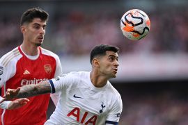 Arsenal&#039;s Kai Havertz in action with Tottenham Hotspur&#039;s Cristian Romero during the reverse fixture at Emirates Stadium [File: Tony Obrien/Reuters]