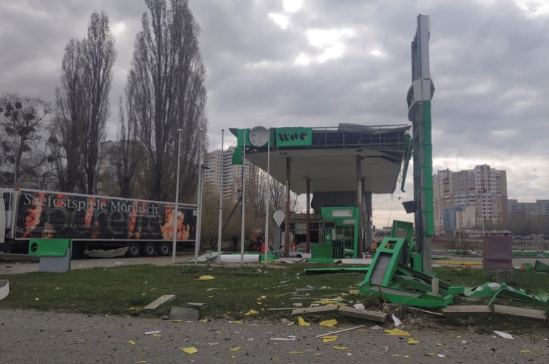 A view shows a fuel station damaged during Russian missile and drone strikes, amid Russia's attack on Ukraine, in Kharkiv, Ukraine April 6, 2024