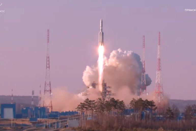 Angara-A5 rocket blasts off from its launchpad at the Vostochny Cosmodrome in the far eastern Amur region, Russia, April 11, 2024, in this still image taken from a live broadcast video. Roscosmos/Handout via REUTERS