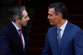 Spain&#039;s Prime Minister Pedro Sanchez and Ireland&#039;s Taoiseach (Prime Minister) Simon Harris speak as they meet to discuss recognising the Palestinian state, in Dublin, Ireland, April 12, 2024. [Clodagh Kilcoyne/Reuters]