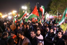 Iranian demonstrators attend an anti-Israeli gathering in front of the British Embassy in Tehran, Iran, April 14, 2024 [Majid Asgaripour/WANA/Reuters]