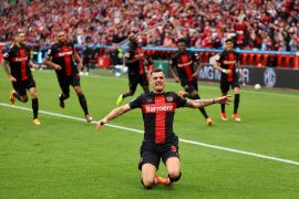 Bayer Leverkusen&#039;s Granit Xhaka celebrates scoring [Kai Pfaffenbach/Reuters]