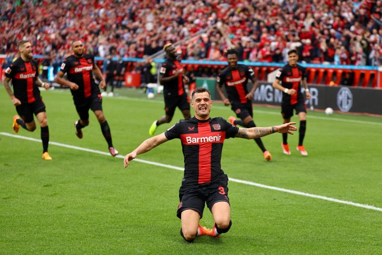 Leverkusen's Granit Xhaka celebrates scoring