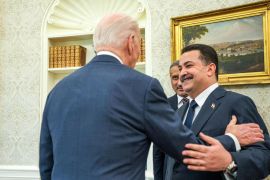 US President Joe Biden meets Iraqi PM Mohammed Shia al-Sudani at the White House in Washington, DC, April 15, 2024 [Iraqi Prime Minister Media Office/Handout via Reuters]