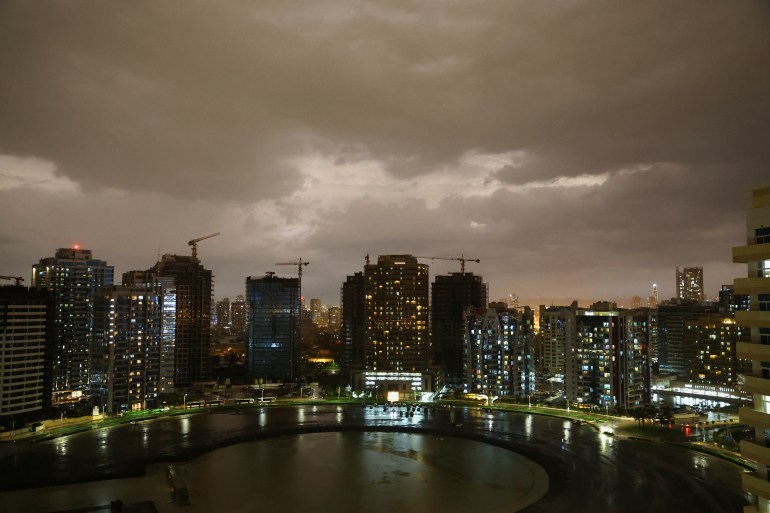 View of the city during a rainstorm in Dubai