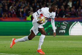 Paris St Germain&#039;s Ousmane Dembele celebrates scoring their first goal [Albert Gea/Reuters]
