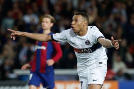 Paris St Germain&#039;s Kylian Mbappe scored his side&#039;s third and fourth goals in Barcelona [Juan Medina/Reuters]