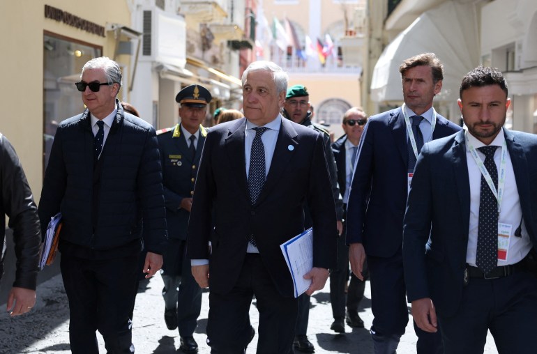 Italian Foreign Minister Antonio Tajani walks on the third day of the G7 foreign ministers meeting on Capri island, Italy, April 19, 2024. REUTERS/Claudia Greco