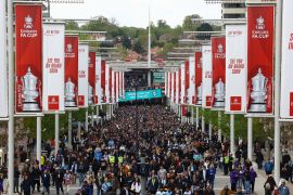 Fans stream into Wembley stadium for the FA Cup semifinal between Manchester City and Chelsea in London, UK on April 20, 2024 [Paul Childs/Reuters]