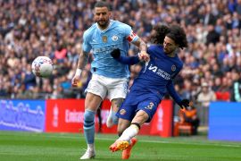 Manchester City&#039;s Kyle Walker in action with Chelsea&#039;s Marc Cucurella in the FA Cup semifinal at Wembley on April 20, 2024 [Paul Childs/Reuters]